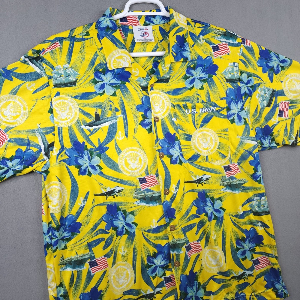AE Sport US Navy‎ Hawaiian Shirt Mens XL Yellow Tropical Military Aviation USA